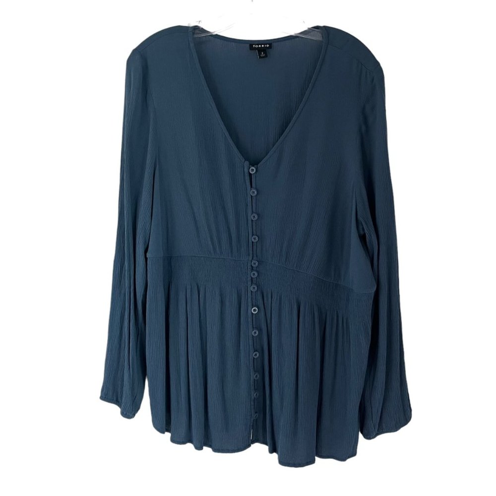 Torrid Blue Suede Gauze Smocked Long Sleeve V-Neck Button Front Blouse 2 2X